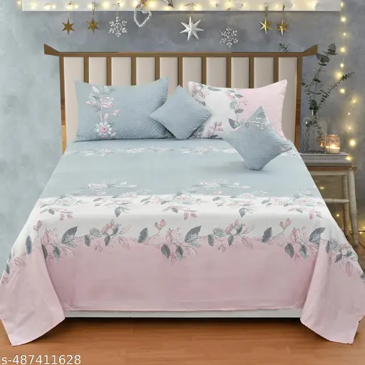 5pc bedsheet set (1King size Bedsheet + 2 Pillow Covers with Embroidery+ 2 Cushion Cover with Embroidery with filler) Heavy Quality Multicolor five piece set