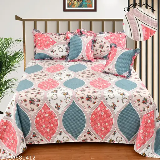 Cotton Frilly bedsheet set with 2 Quilted Pillow Covers With Frill+Zip .