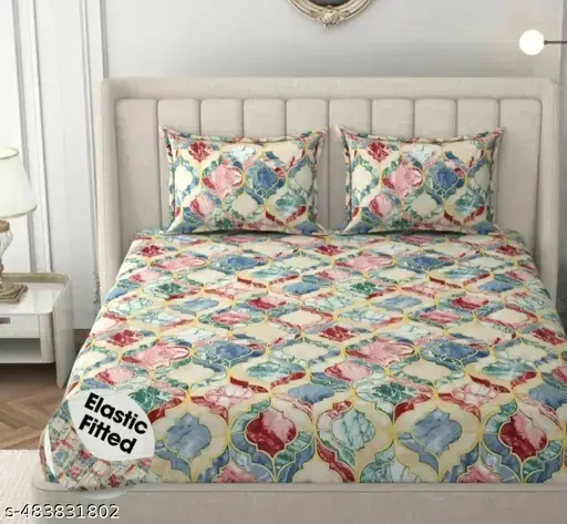 Premium Cotton Elastic Fitted Bedsheets with 2 Pillow Covers | Double Bed with All Around Elastic |Multicolor