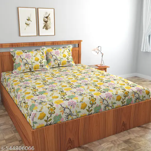 Cotton Elastic Fitted Floral Print Multicolor | Double Bed Bedsheet with 2 Pillow Cover