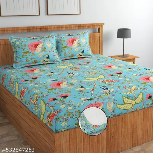 "Cotton Feel Elastic Fitted Printed King Size Double Bedsheet with 2 Pillow Covers (72"x78") – Soft, Stylish & Snug Fit" 
