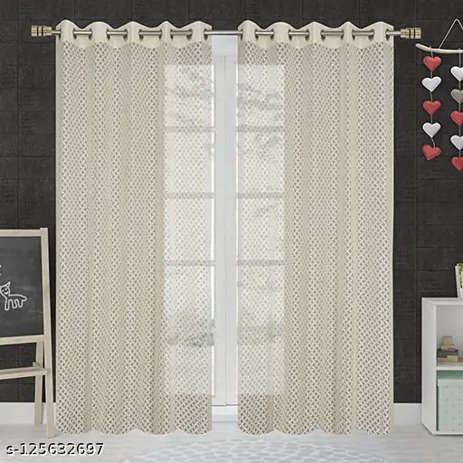 SET OF 2 PIECE OF CREAM COLOR HEAVY CROSS NET CURTAINS FOR DOOR