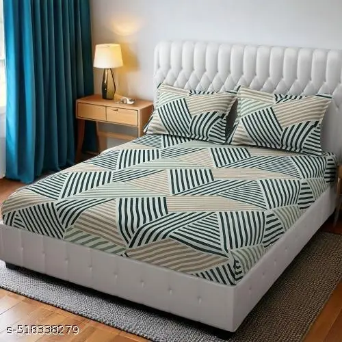 Bedsheet for Double Bed – Modern Geometric Design, Soft & Breathable Fabric with Secure All-Round Elastic, Includes Two Matching Pillow Covers